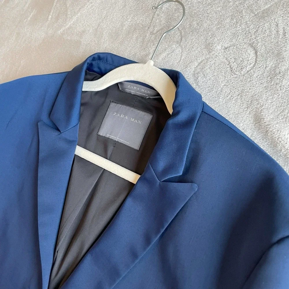 Zara High Sheen Satin Sport Coat EURO Sz 54 Blue Viscose Blazer Jacket US 22